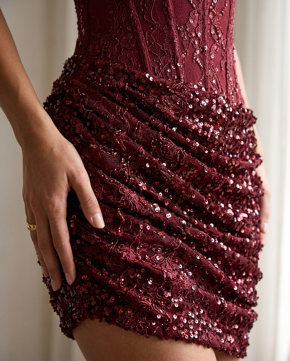 Grenadine — Burgundy Lace Cutout Mini Dress, detail