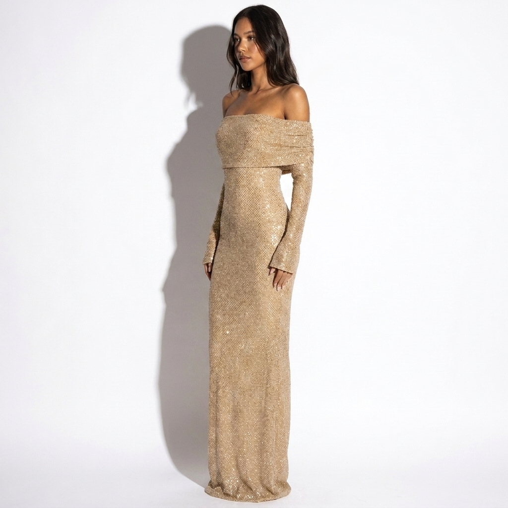 Orlane — Beige Off-Shoulder Sequin Set, side view