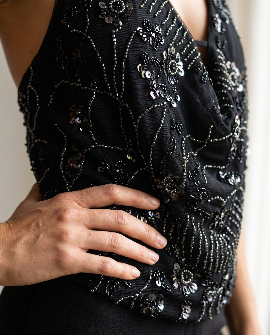 Céladon — Teal Sequin Fringe Mini Dress, detail