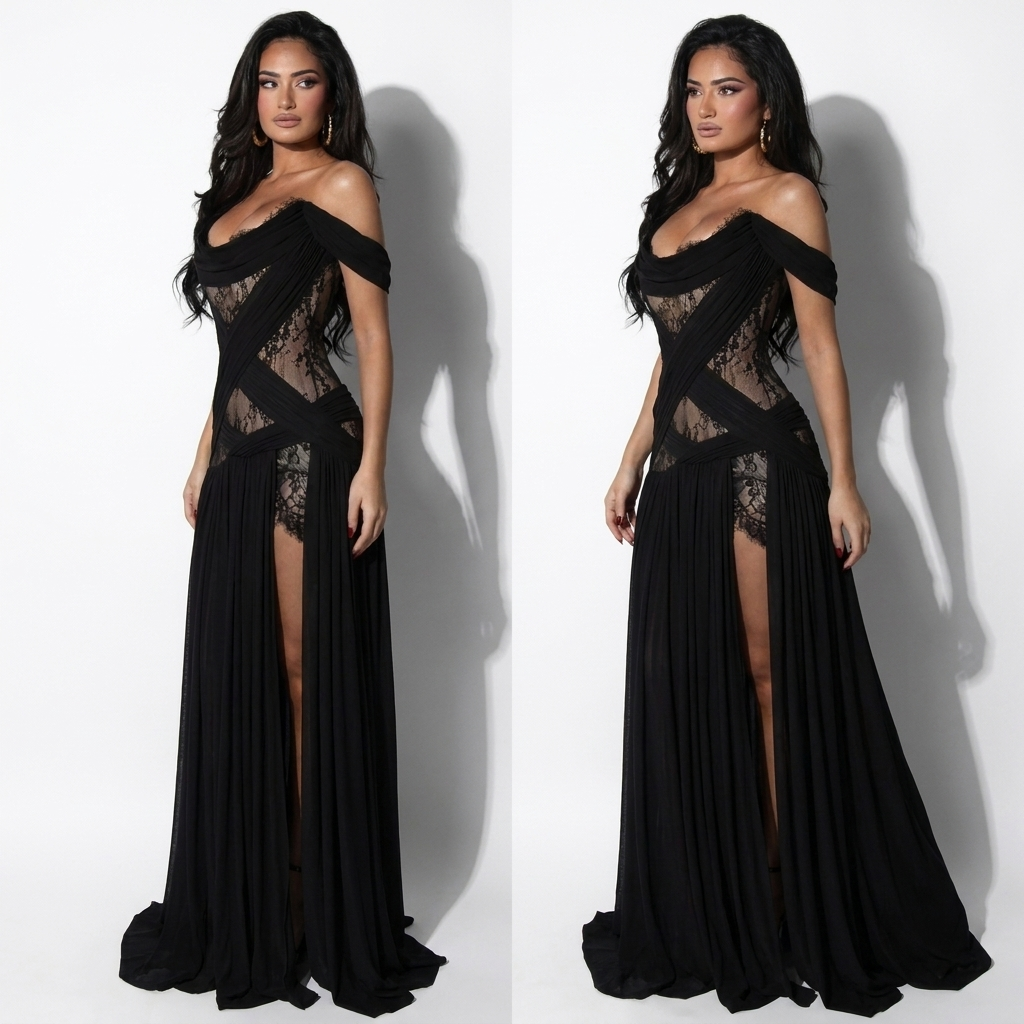 Mélanie — Black Mesh Off-Shoulder Slit Gown, side view