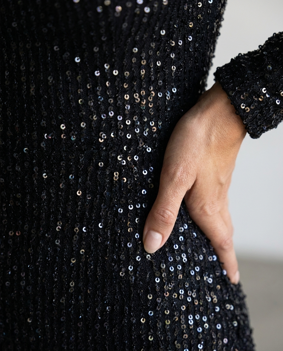 Hortense — Black Sequin Long-Sleeve Gown, detail