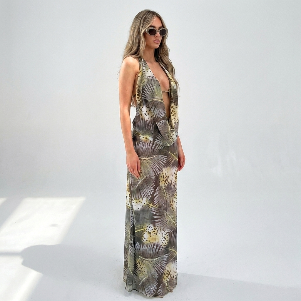 Dorothée — Khaki Halter Wrap Dress, side view