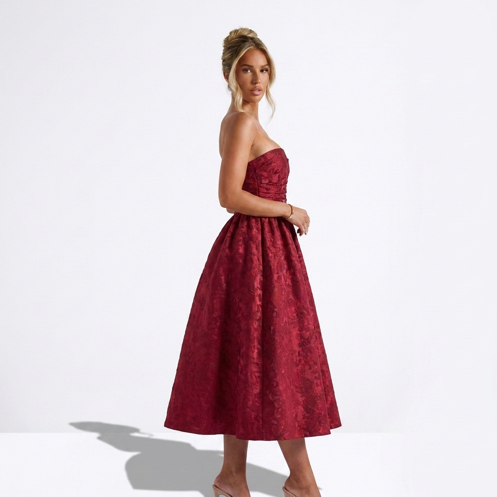 Rosalba — Burgundy Tea-Length Full-Skirt Dress, side view