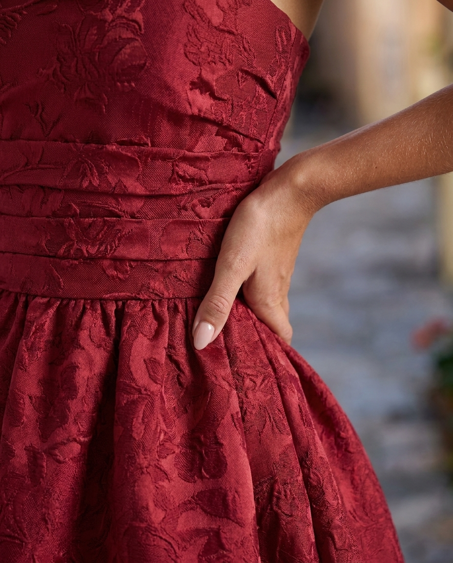 Rosalba — Burgundy Tea-Length Full-Skirt Dress, detail