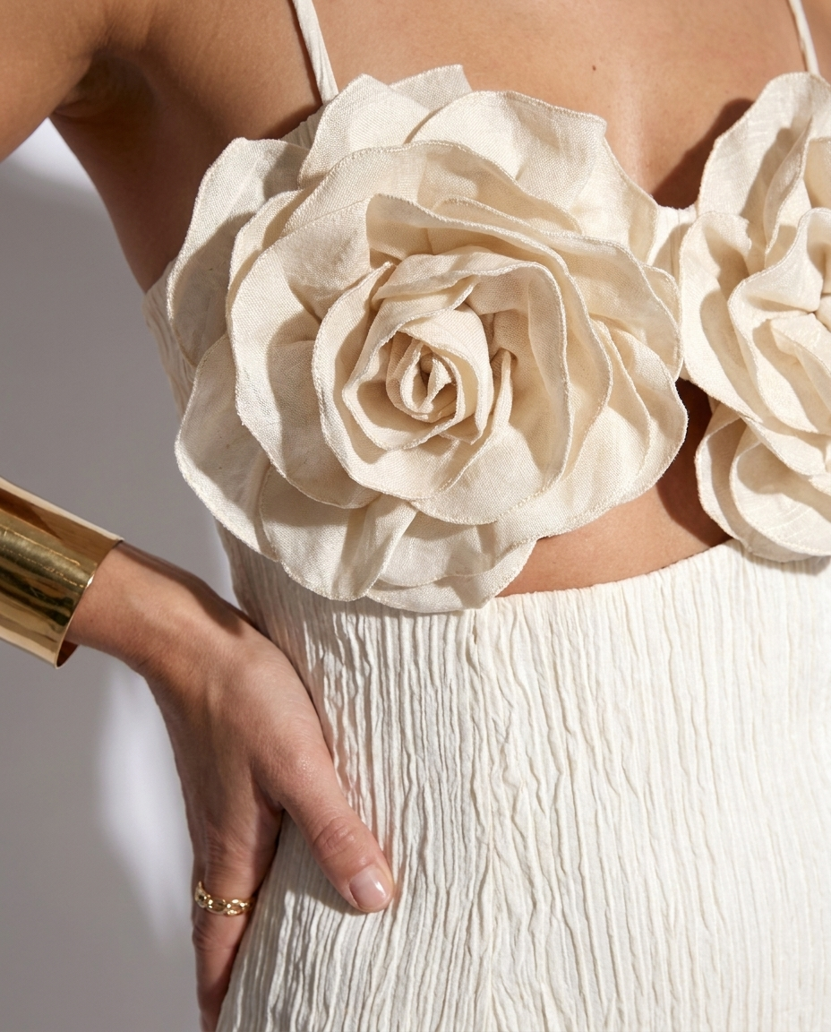 Marceline — Ivory Floral Appliqué Bustier Dress, detail