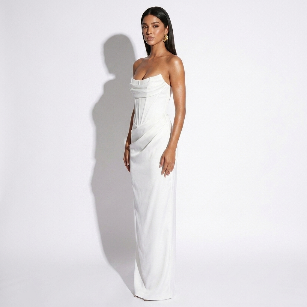 Odalie — White Sculptural Bustier Gown, side view