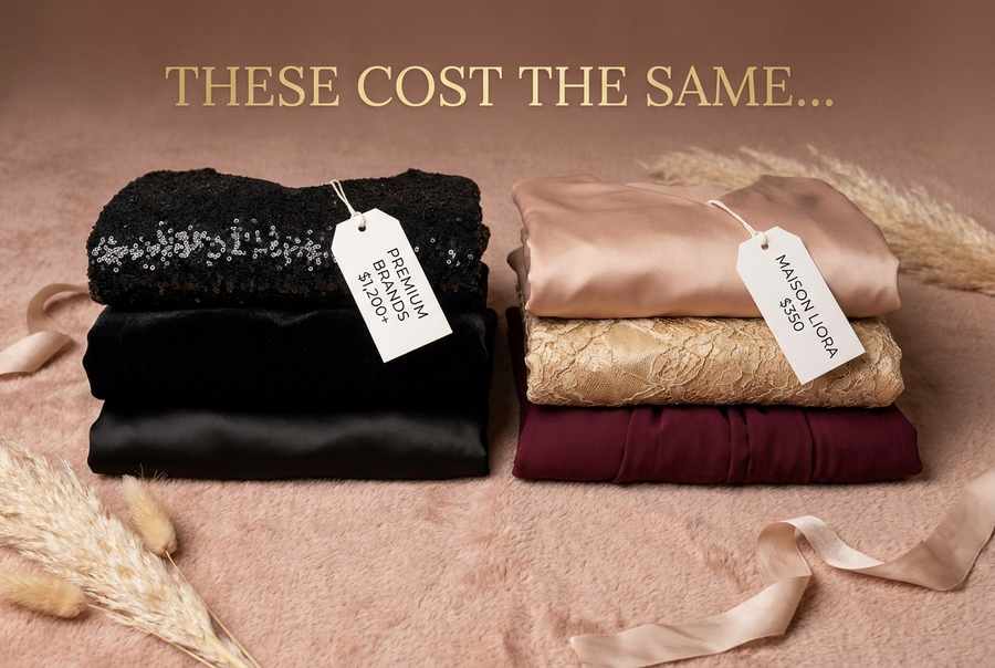 Value comparison — stacks of designer dresses at the same price