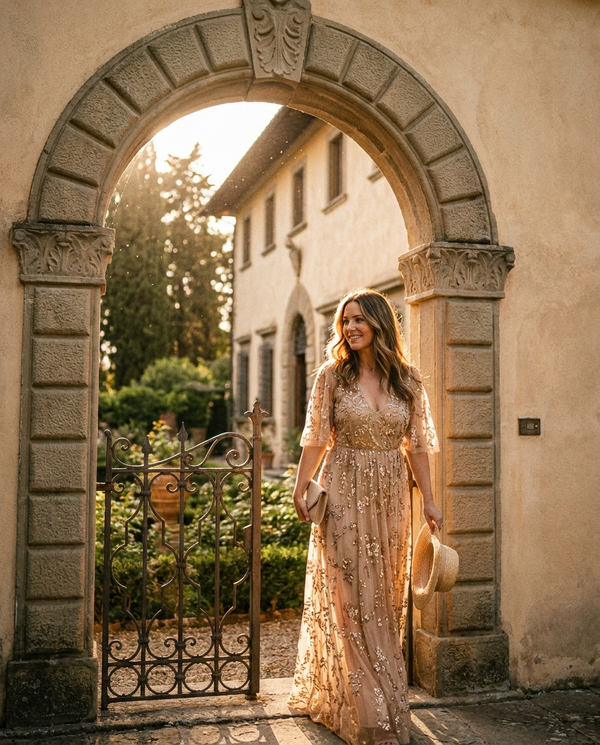 Customer in a sequin gown walking through a European villa doorway