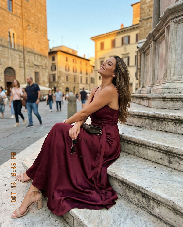 Customer in a burgundy gown seated on European plaza steps