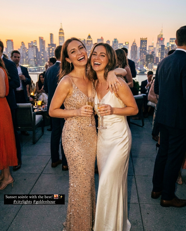 Two friends in evening gowns at a rooftop event at sunset